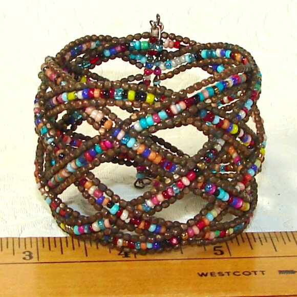 Vtg Criss Cross Wire & Bead 2" Cuff BRACELET, Bronze & Multicolored G26L - Picture 1 of 9